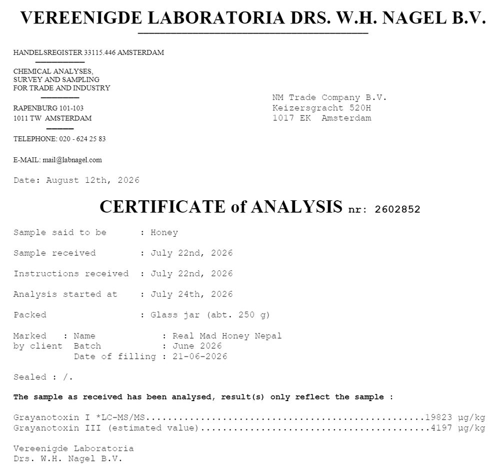 Certificate of analysis nr. 2602852 from Vereenigde Laboratoria Drs. W.H. Nagel B.V. for Real Mad Honey Nepal, June 2026 batch, showing the grayanotoxin results