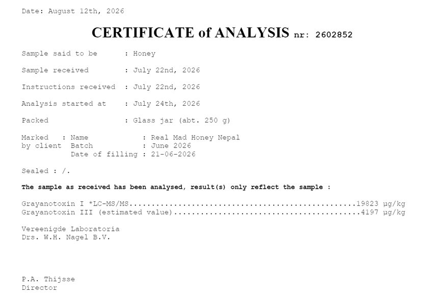 Certificate of analysis nr. 2602852 from Vereenigde Laboratoria Drs. W.H. Nagel B.V. for Real Mad Honey Nepal, batch June 2026
